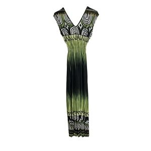 FC Chameleon Dress Womens Large Green Black Geometric Ombre Smocked Maxi Dress